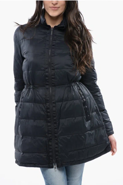 Armani Collezioni Emporio Quilted Long Down-jacket With Drawstringed Waist In Blue