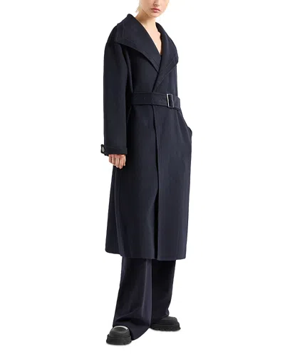 Armani Collezioni Emporio Armani Fold Collar Belted Coat In Solid Dark