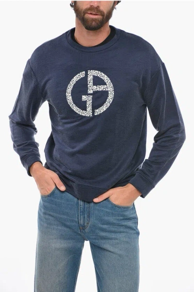 Armani Collezioni Giorgio Crew Neck Brushed Cotton Sweatshirt With Embroidered In Blue