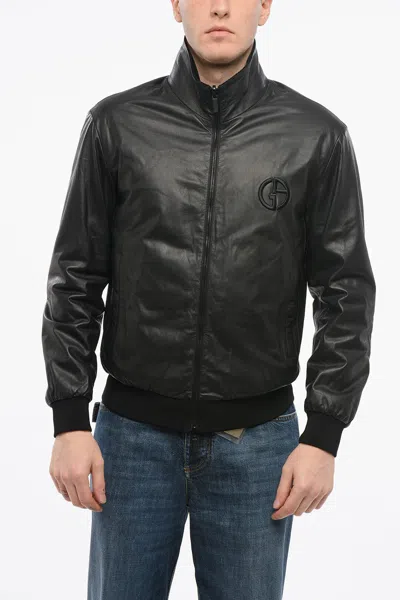 Armani Collezioni Giorgio Reversible Leather Jacket With Embroidered Logo In Black