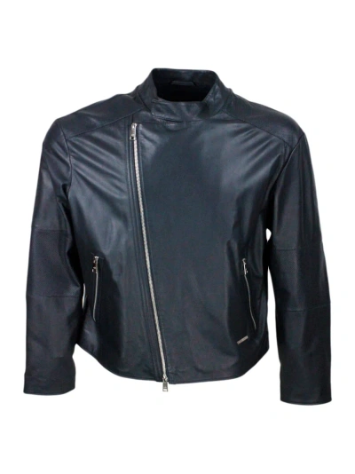 Armani Collezioni Jacket With Zip Closure Made Of Soft Lambskin With Perforated Leather Details. Zip On Pockets And Cu In Blu