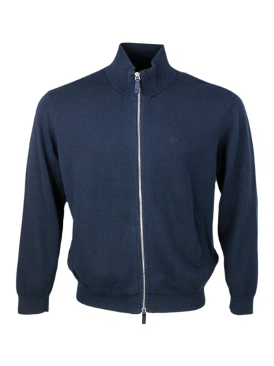 Armani Collezioni Lightweight Full Zip Long-sleeved Shirt Made Of 100% Cotton With Side Pockets In Blu