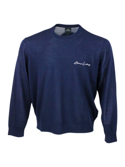 Armani Collezioni Lightweight Long-sleeved Crew-neck Sweater Made Of Wool Blend With Logo Writing On The Chest In Blu