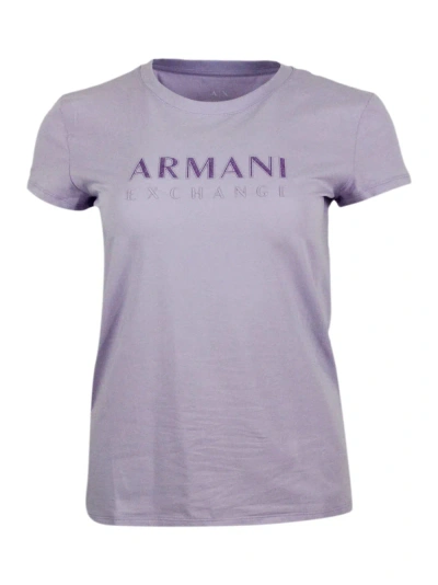 Armani Collezioni Short-sleeved Crew-neck T-shirt With Logo On The Chest In Stretch Cotton And Lurex Logo Writing In Lilac