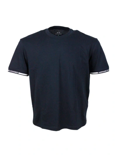 Armani Collezioni Short-sleeved Crew-neck T-shirt With Logo On The Sleeves In Blu