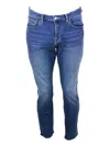 ARMANI COLLEZIONI SKINNY JEANS IN SOFT STRETCH DENIM WITH CONTRASTING STITCHING AND LEATHER TAB. ZIP AND BUTTON CLOSUR