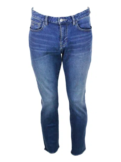 Armani Collezioni Skinny Jeans In Soft Stretch Denim With Matching Stitching And Leather Tab. Zip And Button Closure