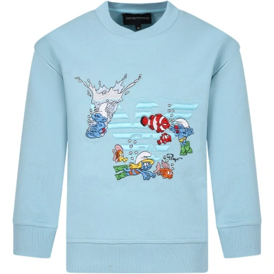 Armani Collezioni Kids' Sky Blue Sweatshirt For Boy With The Smurfs In Light Blue