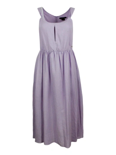 Armani Collezioni Sleeveless Dress Made Of Linen Blend With Elastic Gathering At The Waist. Welt Pockets In Pink
