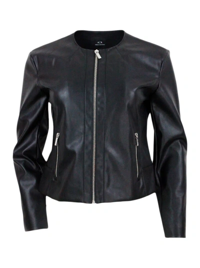 Armani Collezioni Slim-fit Eco-leather Jacket With Zip Closure And Side Pockets In Black