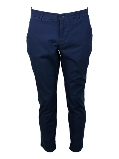 Armani Collezioni Stretch Cotton Trousers With Welt Pockets And Zip And Button Closure In Blu