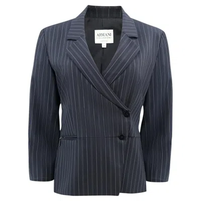 Pre-owned Armani Collezioni Vintage  Asymmetrical Navy Pinstripe Double-breasted Jacket In Blue