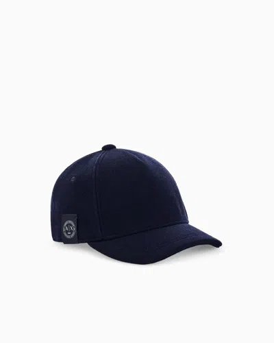 Armani Exchange Baseball Hat In Virgin Wool Blend In Navy Blue