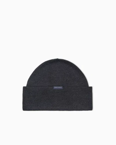Armani Exchange Beanie Hat In Virgin Wool And Cotton Blend In Beige