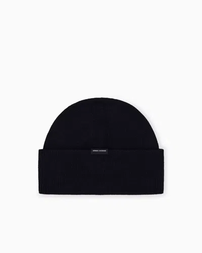 Armani Exchange Beanie Hat In Virgin Wool And Cotton Blend In Black