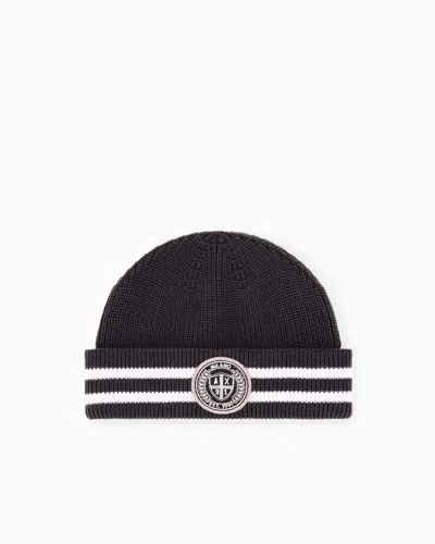 Armani Exchange Beanie Hat Virgin Wool And Cotton Blend In Black