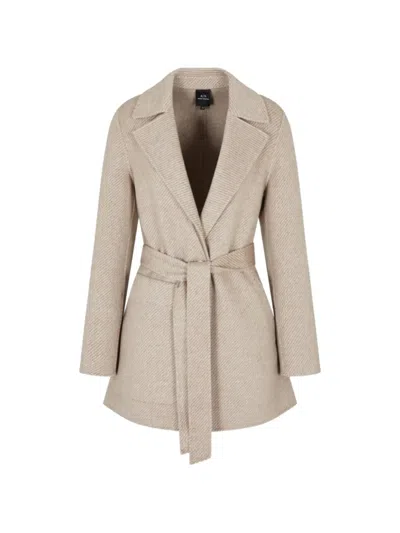 Armani Exchange Belted Herringbone Coat In Neutral