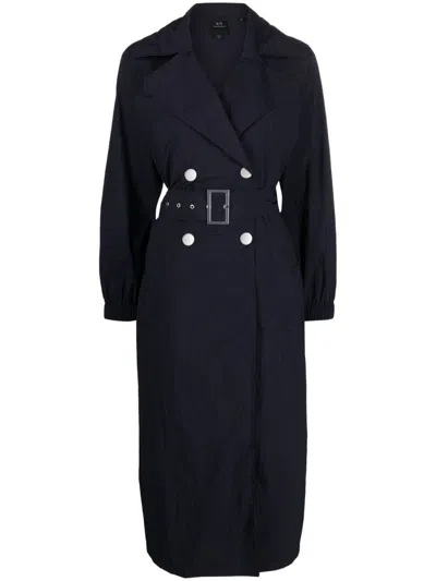 Armani Exchange Belted Double-breasted Coat In Blue
