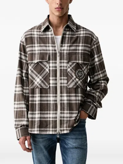 Armani Exchange Check Zip-up Shirt In Brown
