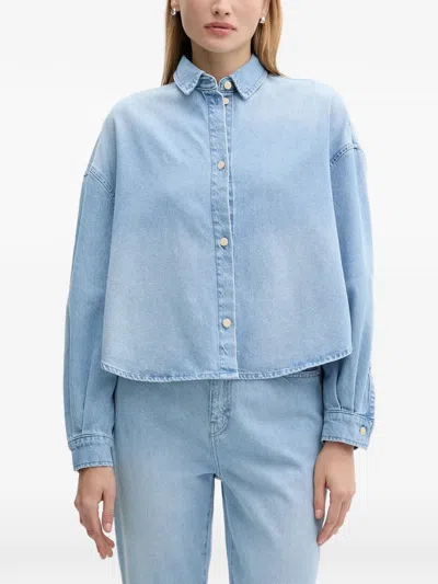Armani Exchange Collared Cropped Top In Blue