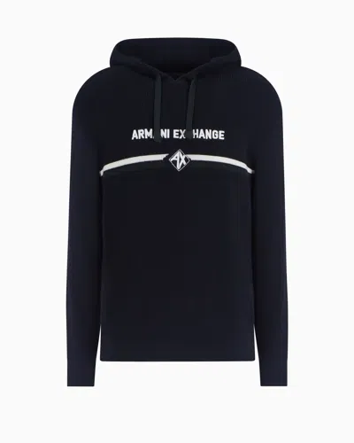 Armani Exchange Cotton Hoodie With Central Logo In Navy Blue