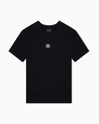 Armani Exchange Crew Neck T-shirt In Viscose Jersey With A Metallic Logo In Black