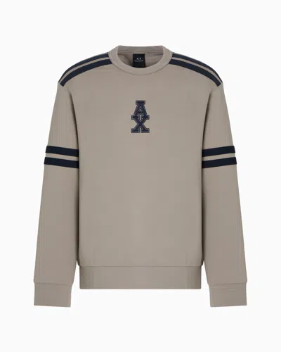 Armani Exchange Crewneck Sweatshirt With Stripes And Logo In Beige
