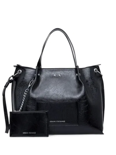 Armani Exchange Crinkled-finish Logo-plaque Tote Bag In Black