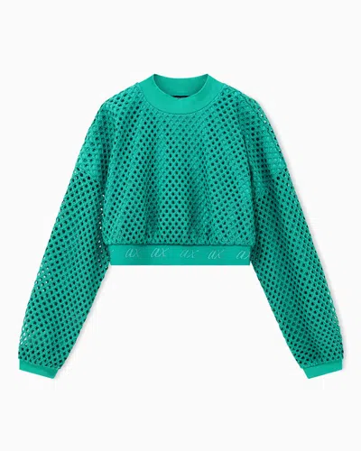 Armani Exchange Cropped Sweater In Open-knit Mesh With Ribbed Crew Neckline In Green