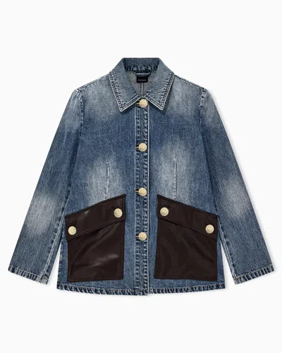 Armani Exchange Denim Jacket With Faded Effect And Large Leather Pockets In Blue