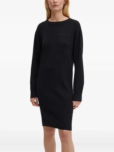 Armani Exchange Embroidered Ribbed Knit Dress In Black
