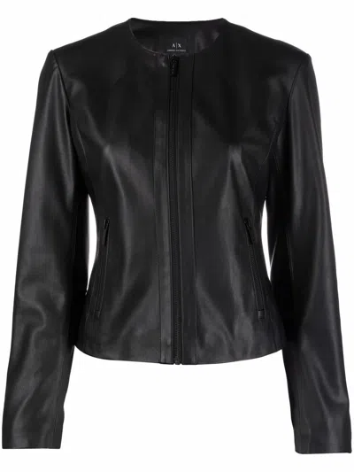 Armani Exchange Faux Leather Collarless Jacket In Black