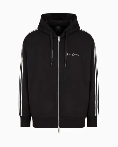 Armani Exchange Full Zip Sweatshirt In Bonded Cotton With Bands On The Sleeves In Black