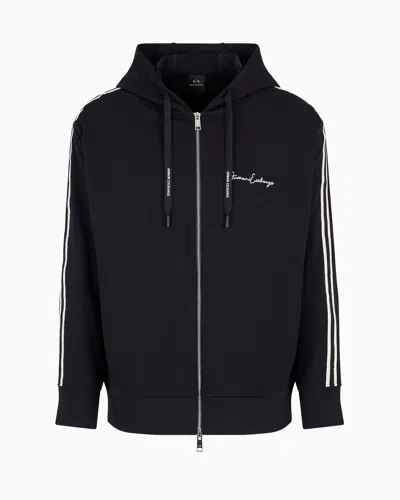 Armani Exchange Full Zip Sweatshirt In Bonded Cotton With Bands On The Sleeves In Blue