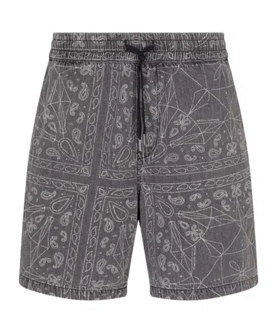 Armani Exchange Cotton And Linen Bermuda Shorts With Kaleidoscope Print In Black Denim Paisley
