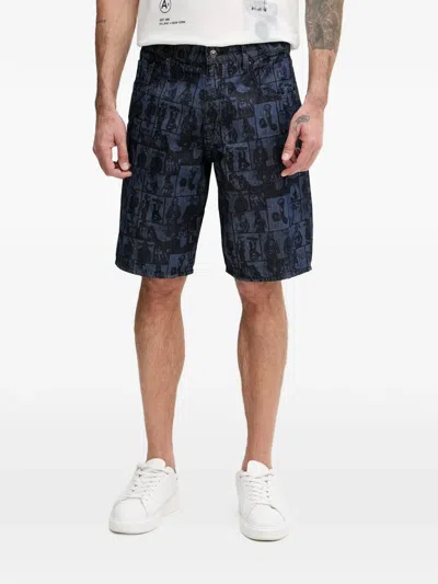 Armani Exchange Graphic-print Denim Shorts In Blue