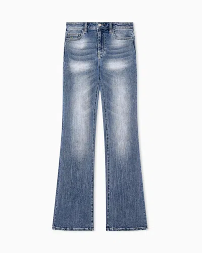 Armani Exchange High-rise Flared Jeans In Washed Stretch Cotton Denim In Blue