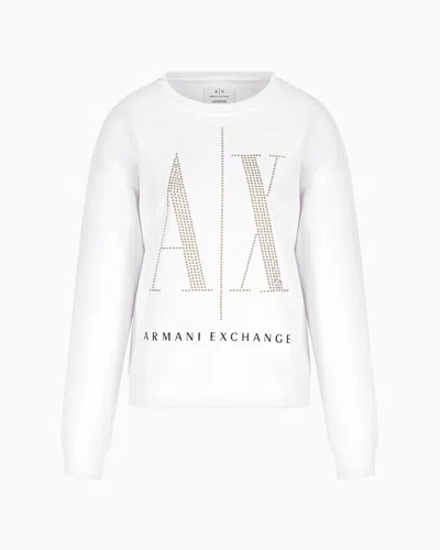 Armani Exchange Icon Project French Terry Sweatshirt With Rhinestone Logo In White