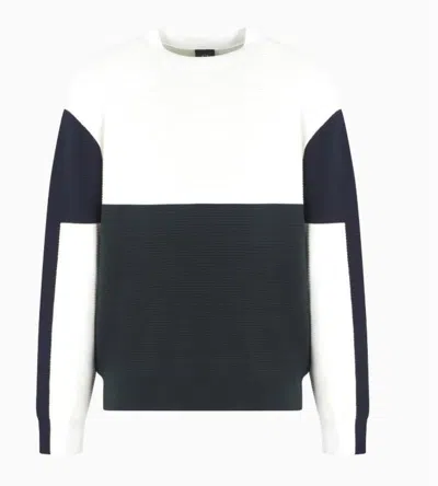 Armani Exchange Color Block Ribbed Crew Neck Sweater In White