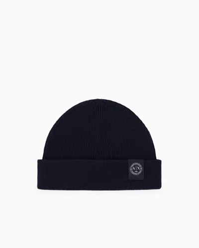 Armani Exchange Knit Beanie Hat In Virgin Wool-cotton Mix In Navy Blue