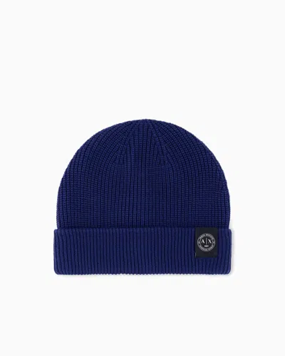 Armani Exchange Knitted Beanie Hat In Virgin Wool And Cotton Blend In Blue