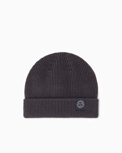 Armani Exchange Knitted Beanie Hat In Virgin Wool And Cotton Blend In Brown