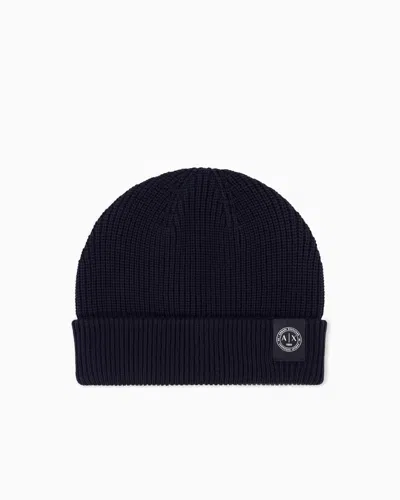 Armani Exchange Knitted Beanie Hat In Virgin Wool And Cotton Blend In Black