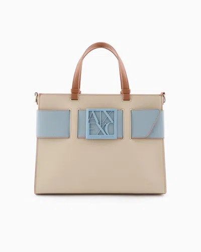 Armani Exchange Large Tote Bag With Double Handles And Shoulder Strap In Beige
