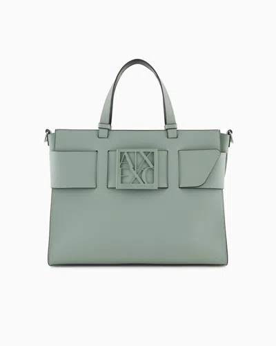 Armani Exchange Large Tote Bag With Double Handles And Shoulder Strap In Green