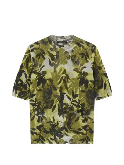 Armani Exchange Leaf-print Metallic-thread T-shirt In Green