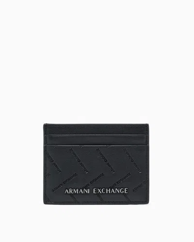 Armani Exchange Leather Cardholder With Embossed Pattern And Metallic Logo In Black