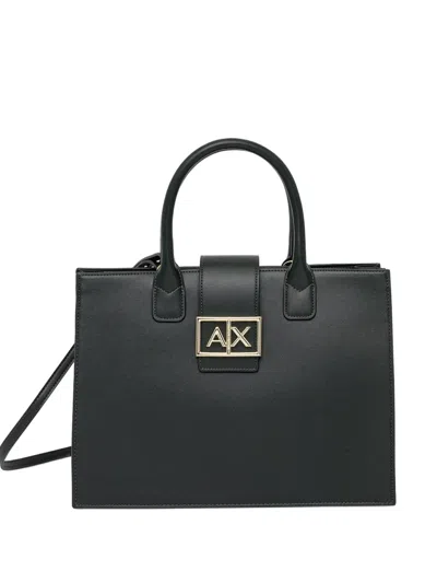 Armani Exchange Logo-metal Tote Bag In Black