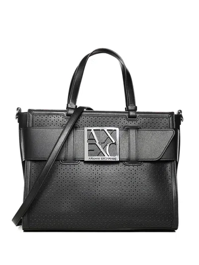 Armani Exchange Logo Plaque Perforated Shoulder Bag In Black
