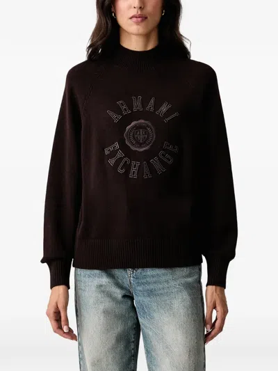 Armani Exchange Logo-embroidered High-neck Sweater In Brown